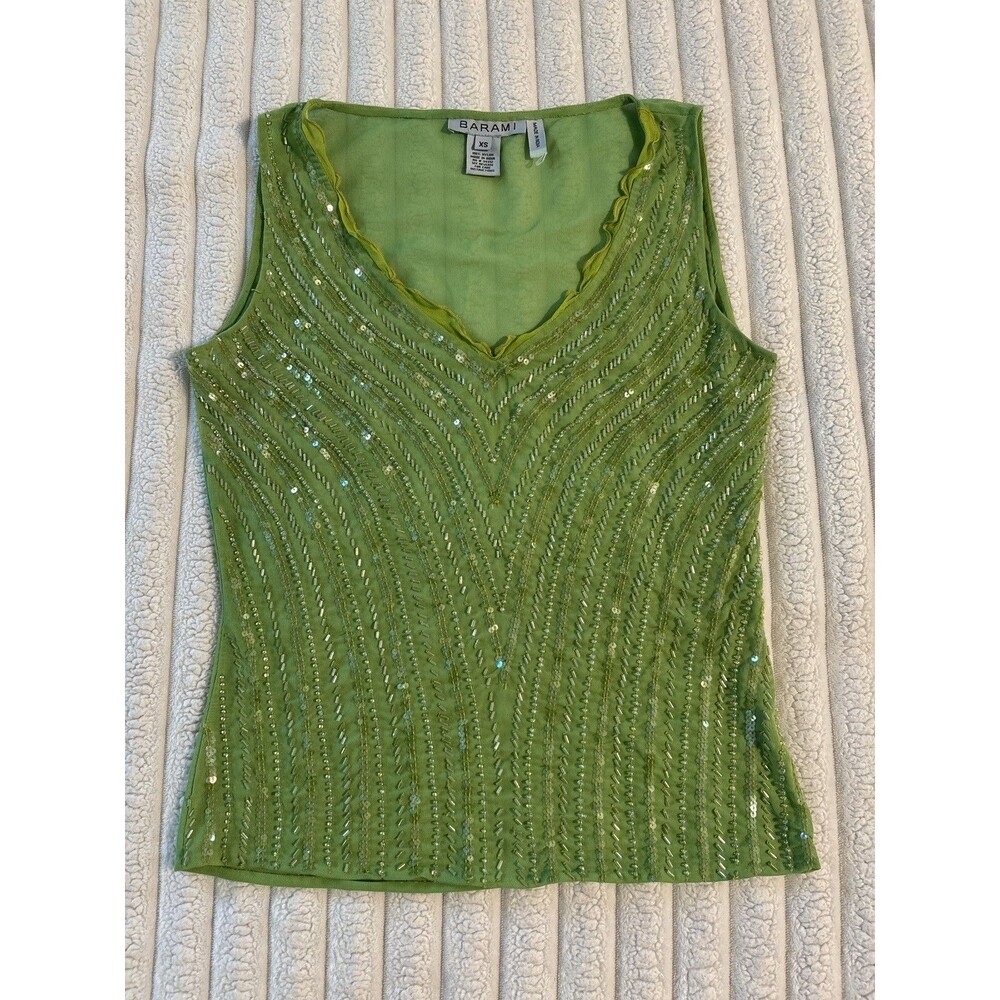Barami beaded Mesh V-Neck Sleeveless Tank Top Womens XS green festival Y2K fairy